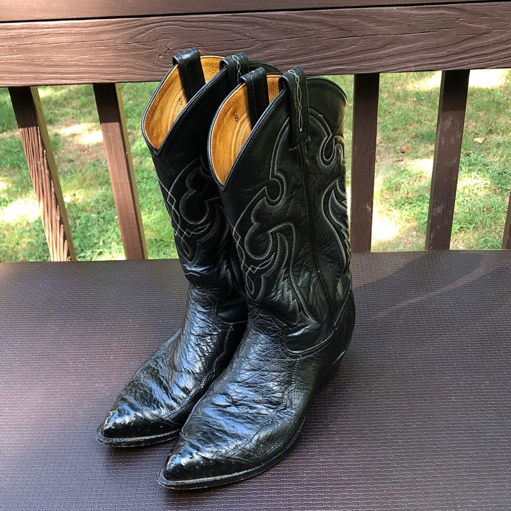 Tony Lama Ostrich Black Leather Western Boots with Intricate Stitching